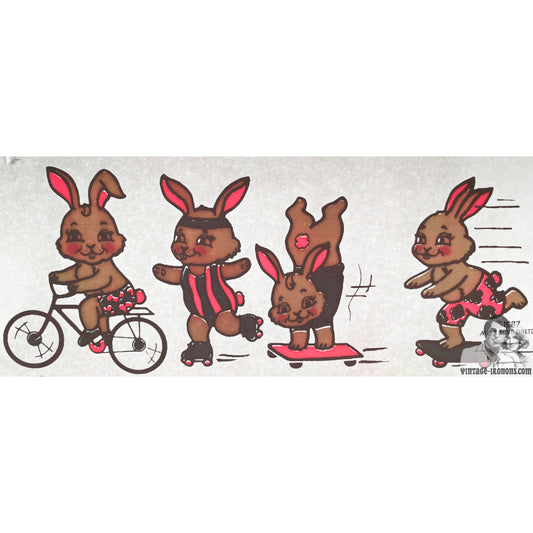 Four Bunnies Playing Sports Vintage Iron On Heat Transfer