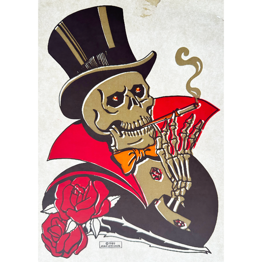 Top Hat Smoking Skeleton with Roses Vintage Iron On Heat Transfer