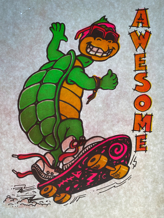 Awesome Turtle Skateboarding Vintage Iron On Heat Transfer with Gritty Ink