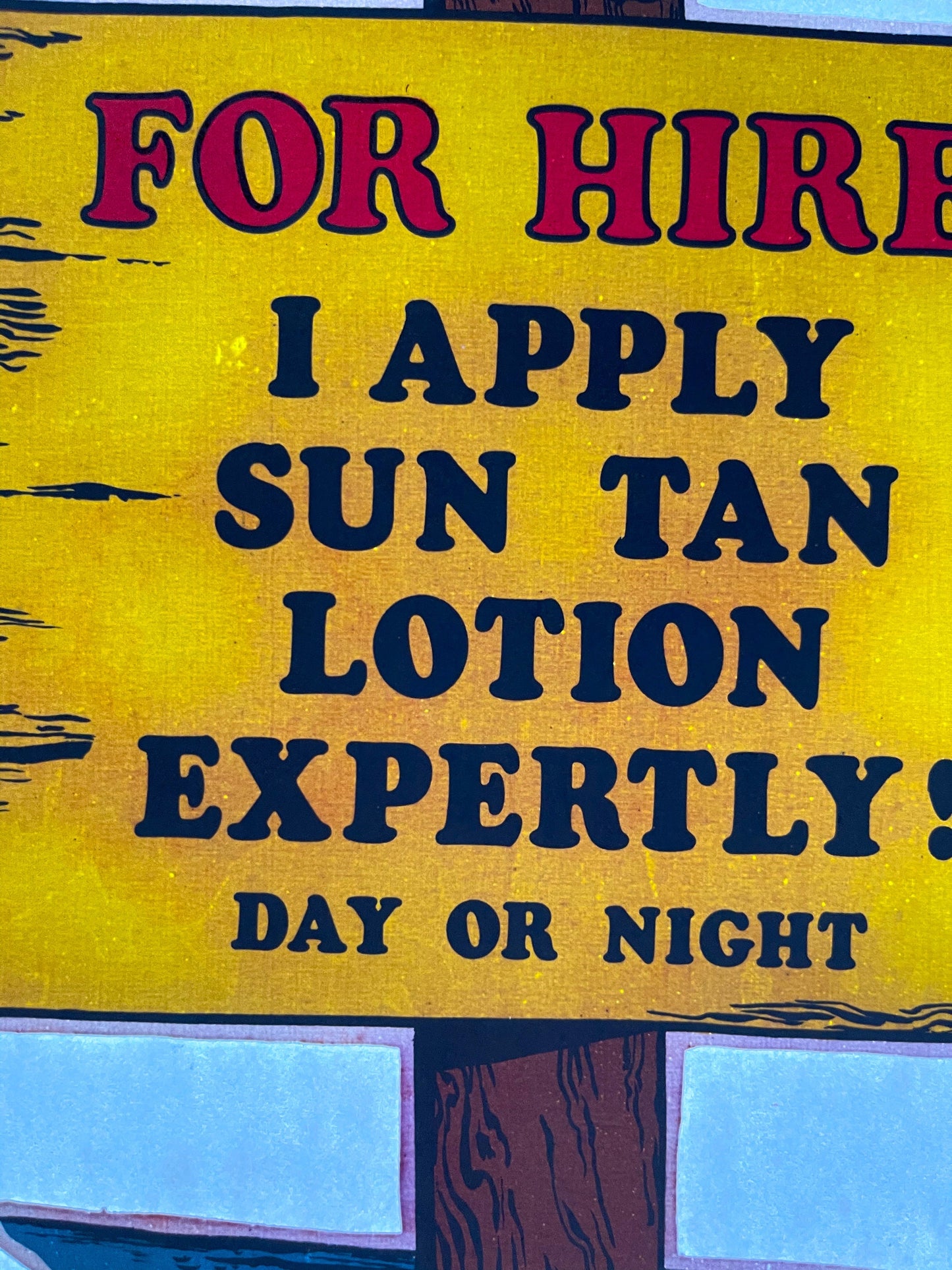 For Hire: I Apply Suntan Lotion... Vintage Iron On Heat Transfer