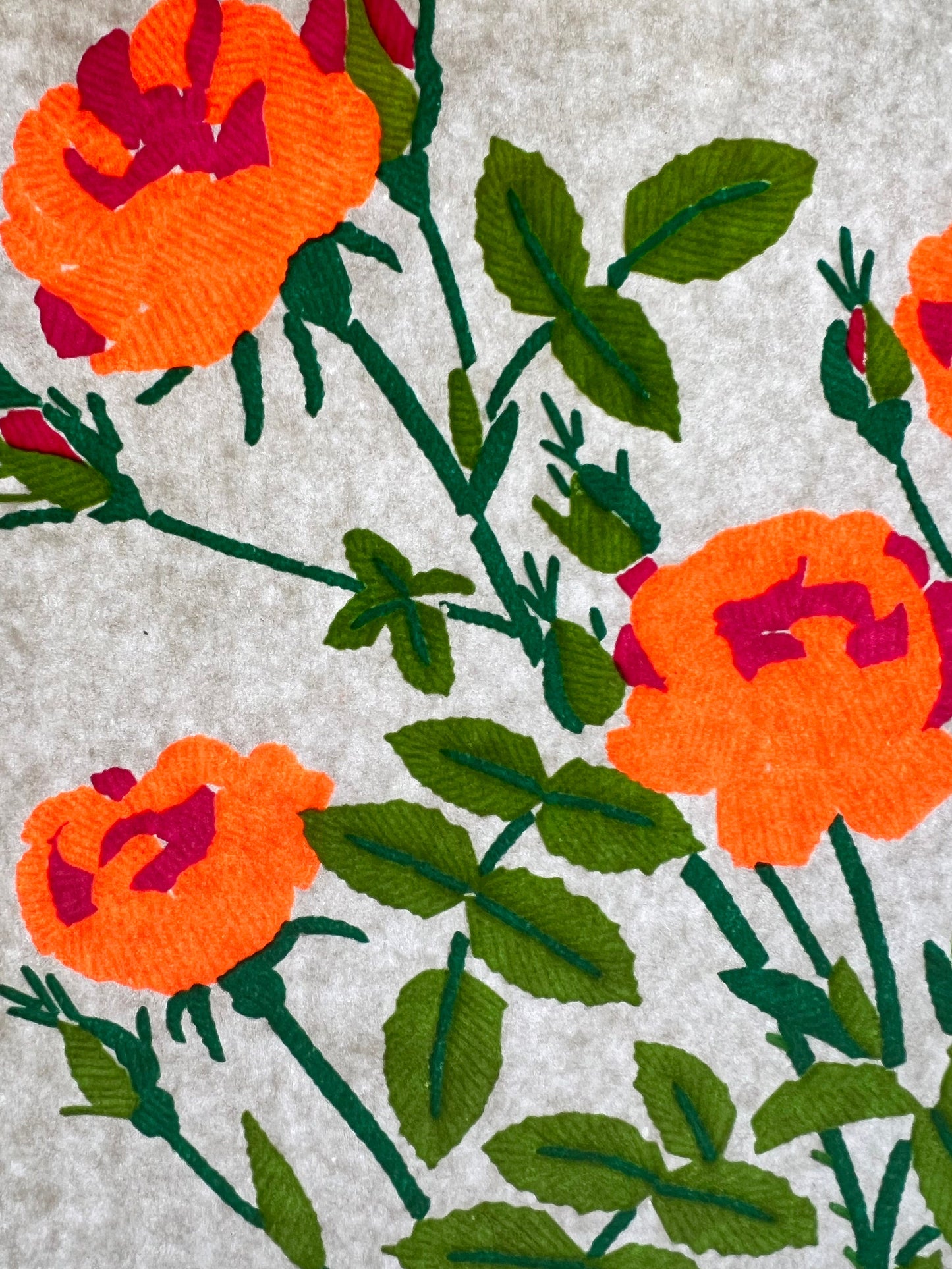 Orange Flowers Vintage Iron On Heat Transfer with Gritty Ink