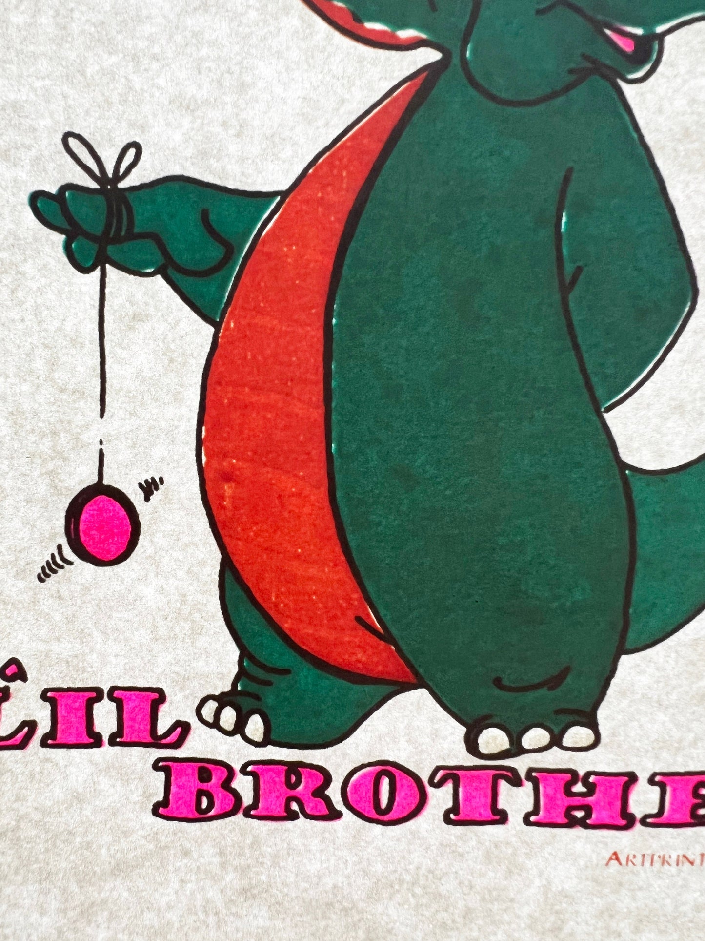 Little Brother Dinosaur Vintage Iron On Heat Transfer with Gritty Ink