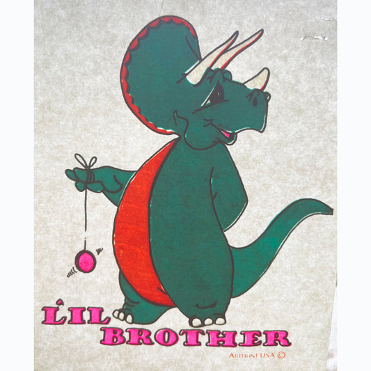 Little Brother Dinosaur Vintage Iron On Heat Transfer with Gritty Ink